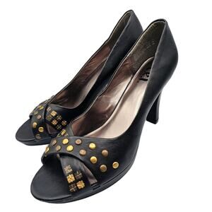 LEI Stash Womens Sz 11 Peep Toe Career Heels Black Gold Studded
